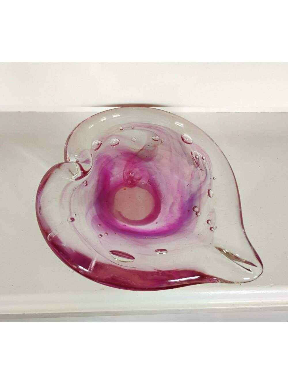 Signed John Burchetta 2011 Studio Art Glass Pink Heart Leaf Trinket Bowl Dish